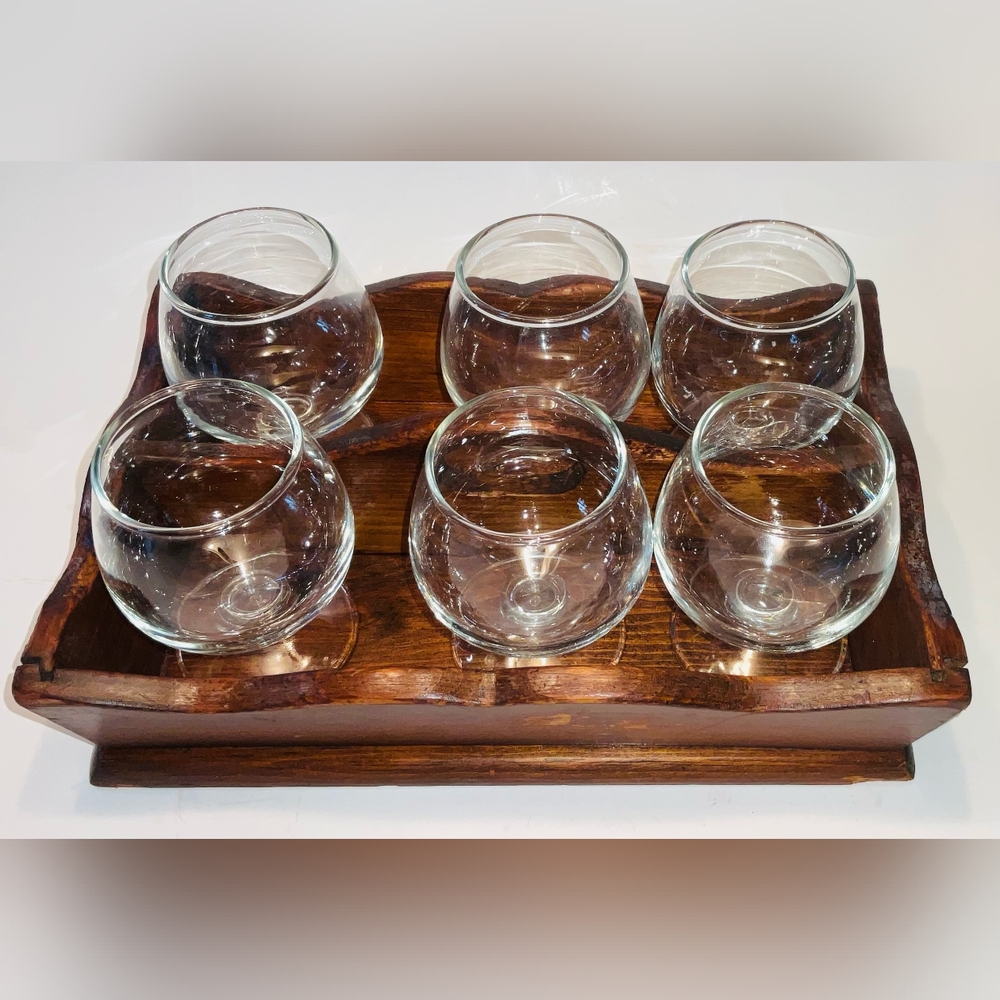 Vintage MCM Libbey Brandy Cocktail Glasses in Wooden Holder